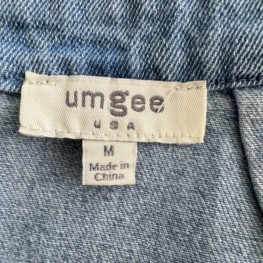 UMGEE Frayed Denim Patchwork Mini Skirt Raw Hem Boho Utility Pockets Size M - Picture 7 of 9